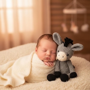 Peut inclure: Un nouveau-né enveloppé dans une couverture tricotée couleur crème, reposant à côté d'une peluche âne crochetée grise. L'âne présente un museau couleur crème, des sabots noirs et une crinière noire, assis sur une surface douce et texturée.