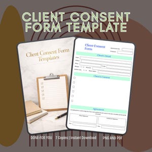 Op de afbeelding: Een digitaal sjabloon voor een toestemmingsformulier voor klanten met een klembord met een checklist, een pen en een gedetailleerde documentindeling. De tekst luidt Client Consent Form Template, Client's Detail, Client's Consent, Agreement.