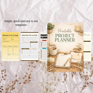 May include: A collection of printable project planner templates featuring various layouts with sections for project names, dates, descriptions, strategies, and action plans. The designs include yellow and white color schemes with text.