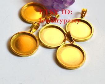 10 piezas de biseles redondos en blanco, engastes de cabujón, bandeja de base para colgante de 10 a 40 mm, engastes de base de bisel en blanco, acero inoxidable chapado en oro de 18 quilates