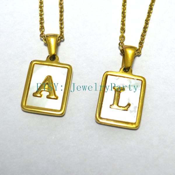 shell letter pendant, alphabet charm, A to Z 26 letters initial charms gold plated stainless steel, mother of pearl letter, rectangle letter