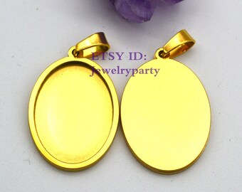 May include: Two gold-colored oval pendant trays with a loop for a chain. One tray is empty, and the other has a recessed area. The text "etsy ID: jewelryparty" is visible.