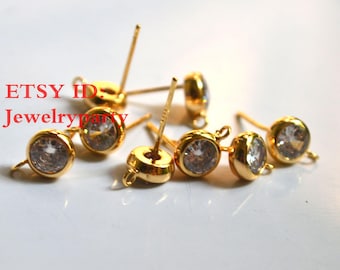 10pcs 18K Gold Plated Cubic Zirconia Earrings with Loops, Stud Earrings Findings,Earring Attachment,Jewelry Making,CZ Pave Ear Stud Supplies