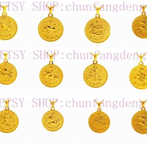 5pcs 25mm Round Zodiac Constellation Necklace, Horoscope Pendant,Black Astrology Zodiac Sign Necklace,18K Gold Plated Astrological Necklace