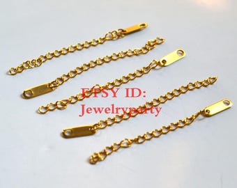 May include: Five gold-colored chain extenders with rectangular end pieces and small loops. The chains are made of small, interlocking links. The text "ETSY ID: Jewelryparty" is visible in red.