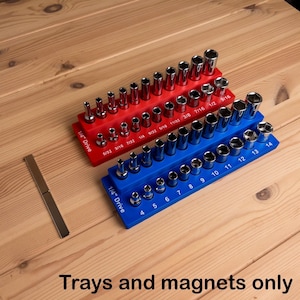 May include: A red and a blue plastic socket organizer tray, each labeled 1/4" Drive, holding various chrome-plated steel sockets. The red tray features imperial sizes from 5/32 to 9/16, while the blue tray displays metric sizes from 4 to 14.