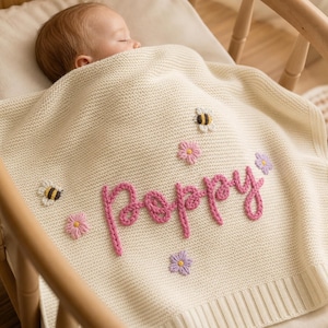 Custom Hand Embroidered Name Baby Knit Blanket, Soft Organic Cotton Heirloom Newborn Nursery Keepsake