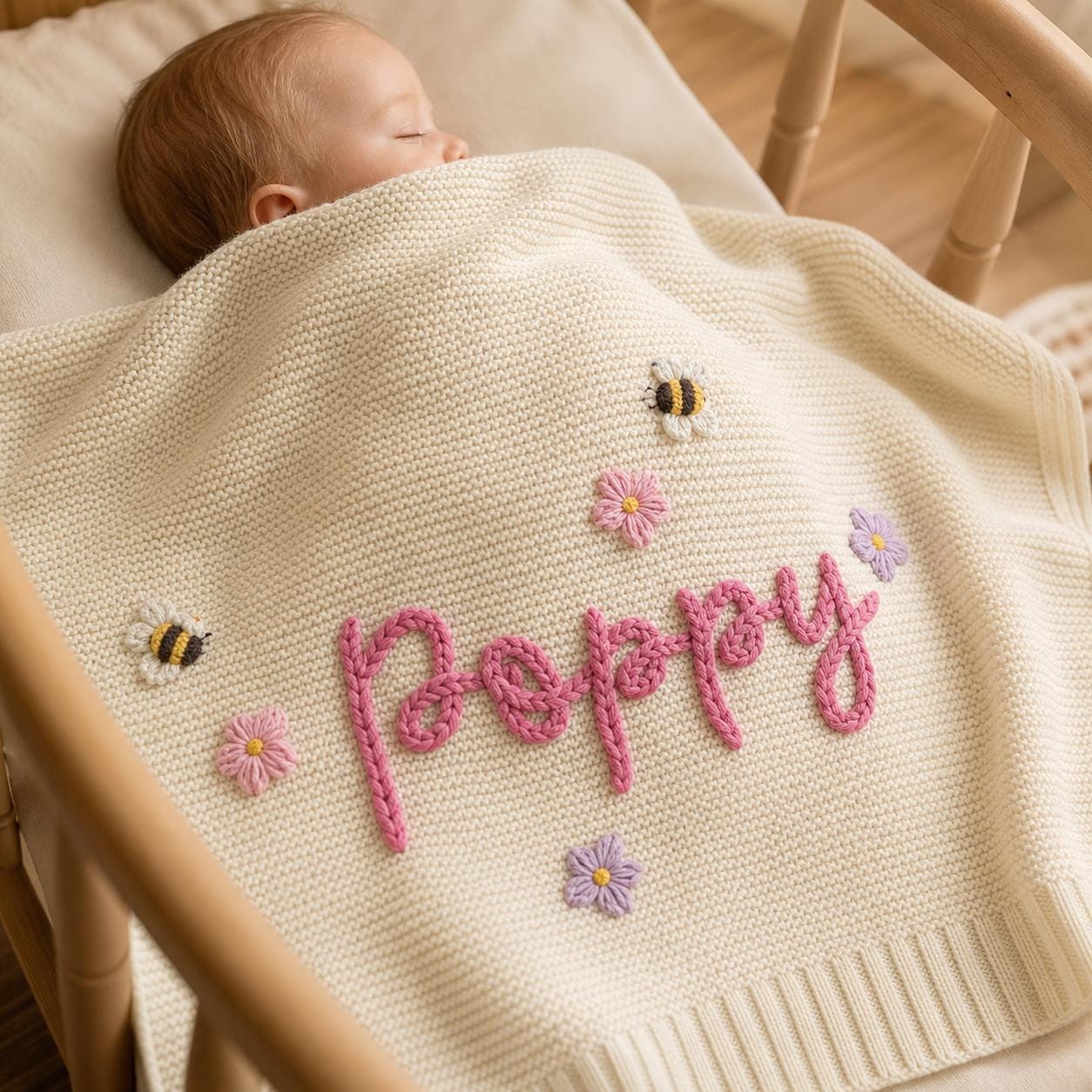 Custom Hand Embroidered Name Baby Knit Blanket, Soft Organic Cotton Heirloom Newborn Nursery Keepsake