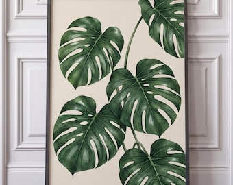Monstera-Blatt-Druck – Botanische Aquarell-Wandkunst, tropische Naturdekoration