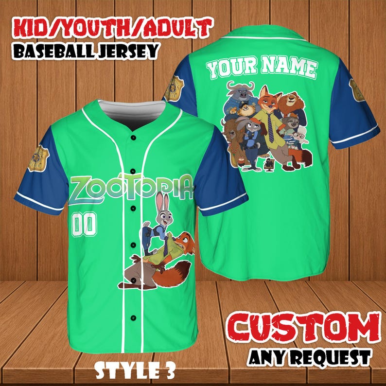 May include: A green baseball jersey with blue sleeves featuring the word "Zootopia" and the number "00". The jersey has a cartoon graphic of characters from the movie. Text on the jersey reads "KID/YOUTH/ADULT BASEBALL JERSEY" and "CUSTOM ANY REQUEST".