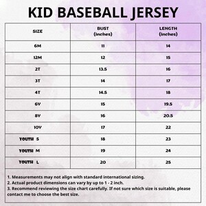 May include: A size chart for a kid's baseball jersey, with bust and length measurements in inches. Sizes range from 6M to Youth L. The chart includes measurements for bust and length, with bust measurements ranging from 11 to 20 inches.