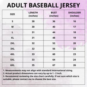 May include: A size chart for adult baseball jerseys, with measurements in inches. The chart includes sizes S through 6XL, listing length, bust, and shoulder measurements. The text at the bottom advises reviewing the chart and contacting for sizing help.