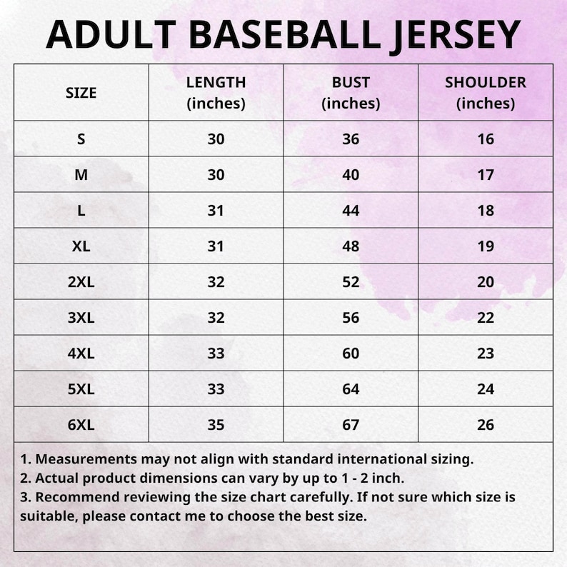May include: A size chart for adult baseball jerseys, with measurements in inches. The chart includes sizes S through 6XL, listing length, bust, and shoulder measurements. The text at the bottom advises reviewing the chart and contacting for sizing help.
