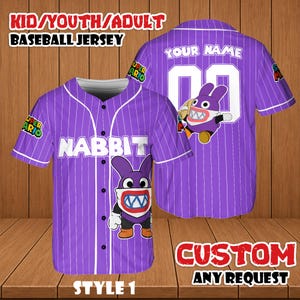 May include: Purple baseball jersey with white pinstripes, featuring a cartoon rabbit character and the word "NABBIT". The jersey has the text "KID/YOUTH/ADULT BASEBALL JERSEY" at the top and "CUSTOM ANY REQUEST" at the bottom.