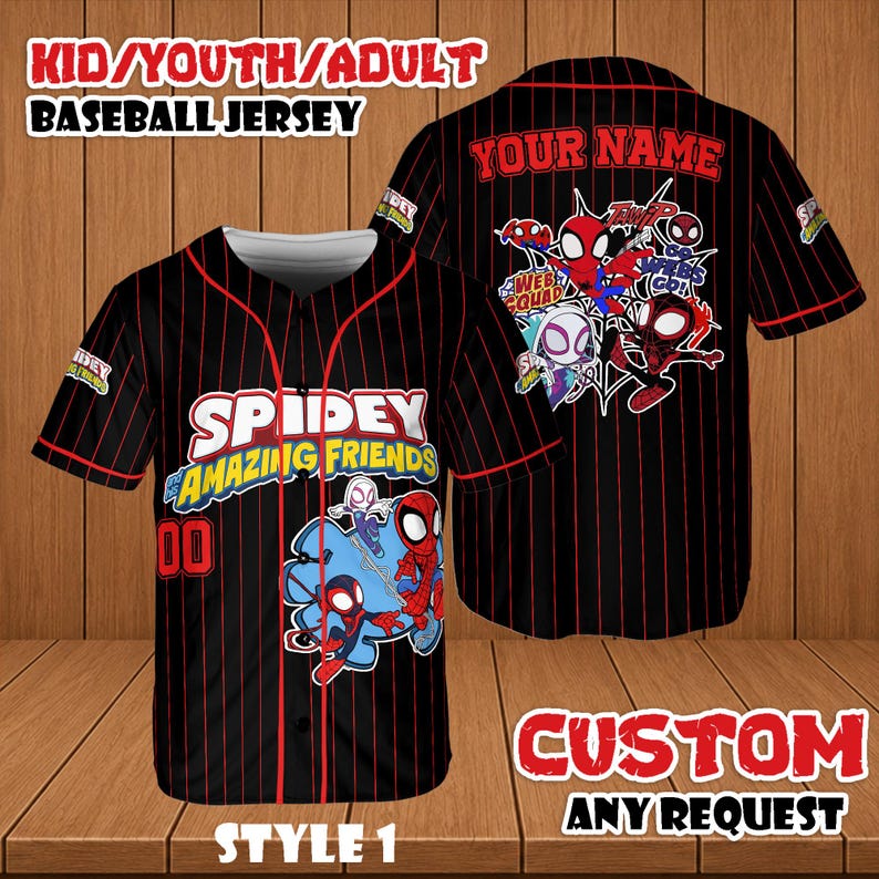 May include: Black baseball jersey with red pinstripes, featuring the text "SPIDEY AMAZING FRIENDS" and a graphic of Spider-Man characters. The jersey also has the text "YOUR NAME" and "CUSTOM ANY REQUEST".