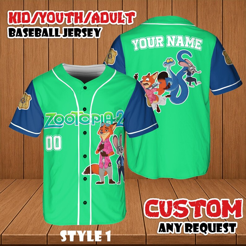 May include: Green baseball jersey with blue sleeves featuring Zootopia characters and the text "Zootopia 2" and "00". The jersey includes the text "KID/YOUTH/ADULT BASEBALL JERSEY", "YOUR NAME", "CUSTOM ANY REQUEST", and "STYLE 1".