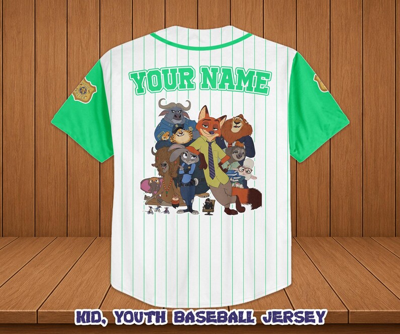 May include: White baseball jersey with green sleeves and collar, featuring a cartoon image of characters. The jersey has vertical stripes and the text "YOUR NAME" across the back. The bottom of the jersey reads "KID, YOUTH BASEBALL JERSEY".