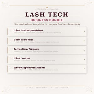 May include: A digital business bundle for lash technicians featuring five templates: a client tracker spreadsheet, client intake form, service menu template, client contract, and weekly appointment planner, all presented in a clean, professional layout.