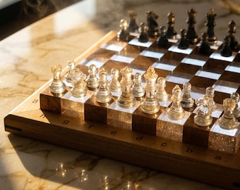 Handgefertigtes Schachspiel aus Epoxidharz, beleuchtetes Holzbrett, moderne Luxusspielkunst