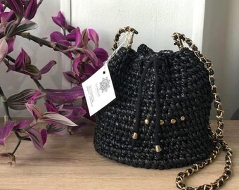 Black Crochet Bucket Bag with Gold Chain Strap – Boho Artisan Crossbody Purse