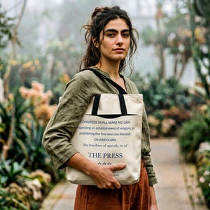 Bolsa de tela con el lema "Libertad de prensa de la Primera Enmienda" / Letra de la Constitución