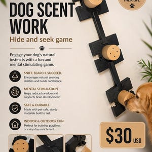 May include: A dog scent work puzzle toy with a black frame and tan wooden cylinders. The text on the image reads "DOG SCENT WORK" and "Hide and seek game". The toy is designed to engage a dog's natural instincts.