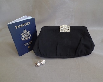 Vintage Cloth Clutch- hand strap -Change purse inside - black - rhinestone clasp -1960's