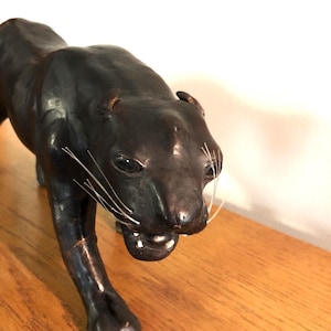 Leather wrapped Black Panther, Figurine, Jaguar Figure, Jungle Animal, Vintage, 1990