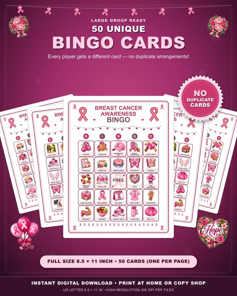 Breast Cancer Awareness Bingo, Printable Pink Ribbon Game, 50 Cards ...