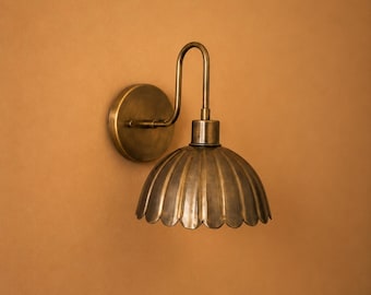 Handmade Scalloped Brass Wall Sconce, Mid Century Modern Fluted Lamp