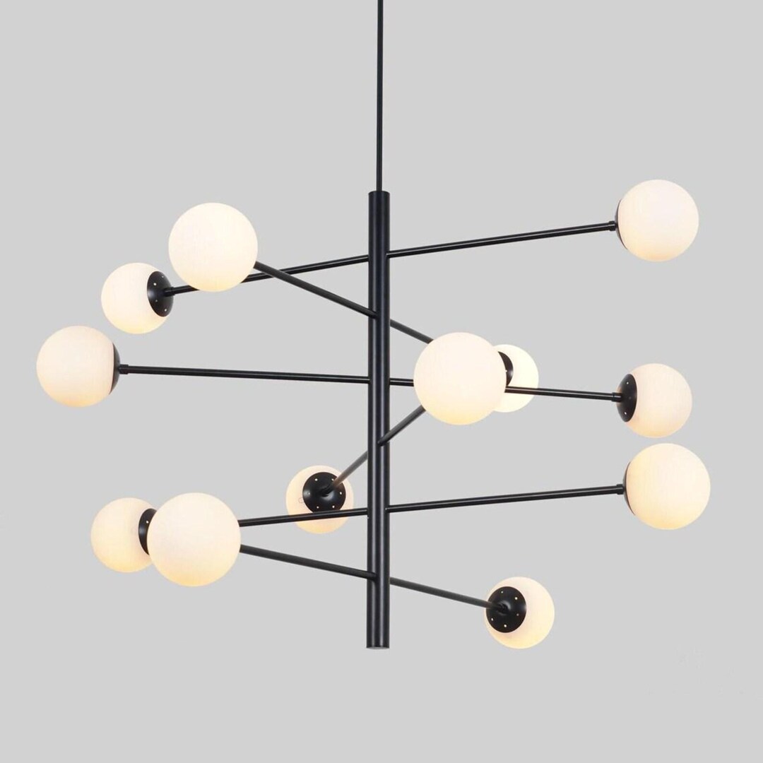 Handmade Black Sputnik Chandelier - Opal Glass Globe Ceiling Light Mid ...
