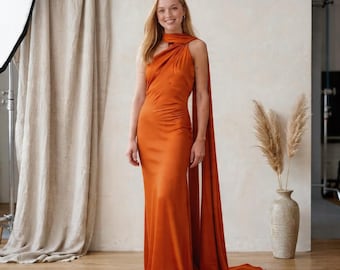 Satin Cape Gown with Draped Halter Neck and Floor-Length Train | Elegant Formal Evening Dress