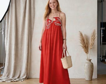 Fish Embroidery Maxi Dress | Spaghetti Straps & Cutout Bodice | Boho Floor-Length Summer Dress