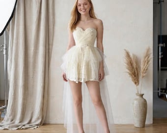 Ivory Tulle & Lace Strapless Mini Dress Hi-Lo Train | Bridal Party, Prom  Special Occasion Gown