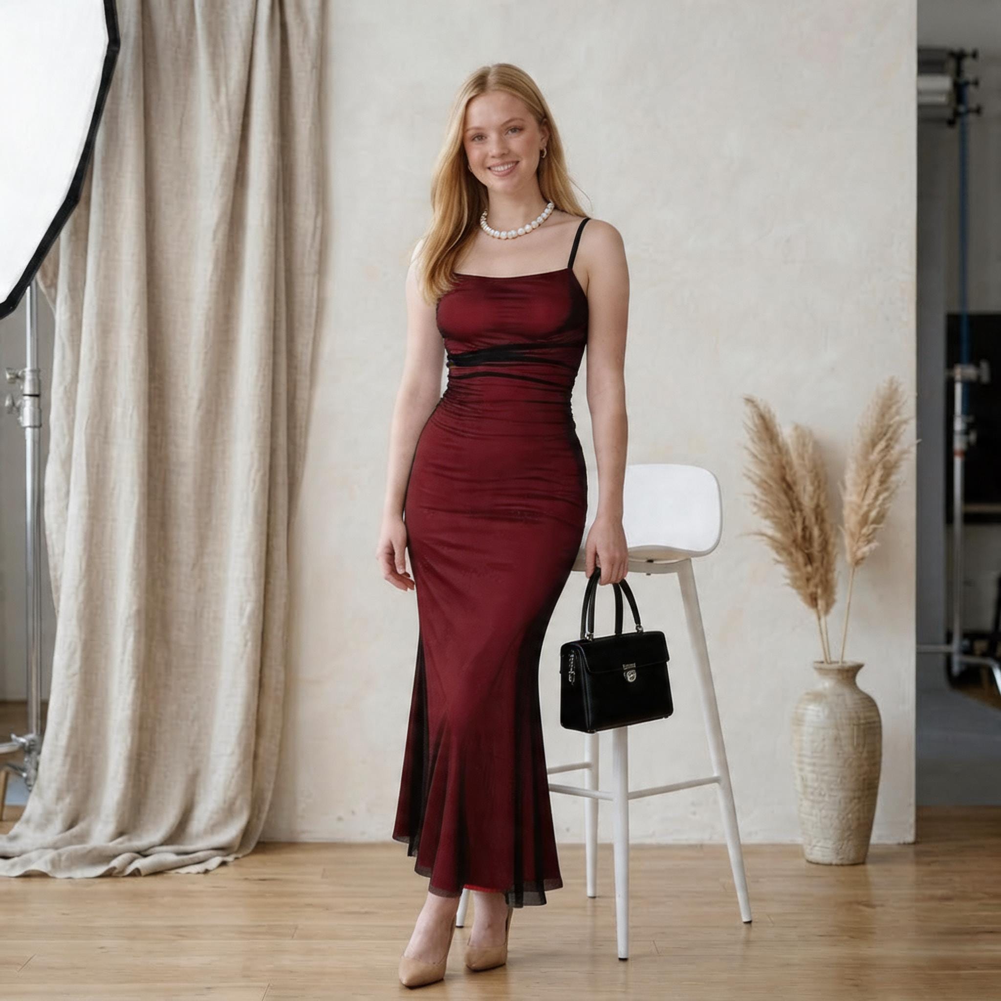 burgundy overlay dress Mesh Maxi – Ruched Waist, Mermaid Hem & Black Contrast Panel Detail Red Black White Dresses attribute:season:spring Silk Slip Dress Mini Size:S where refined design meets