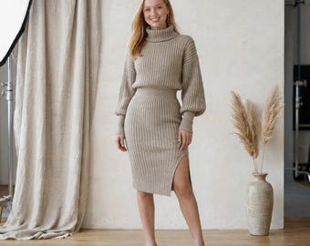 Ribbed Knit Two-Piece Set | Turtleneck Sweater & Midi Skirt with Side Slit | Women's Fall Winter Look