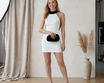 White Mini Dress with Black Halter Neck & Color Block Panels | Fitted Open Back Bodycon Evening Dress