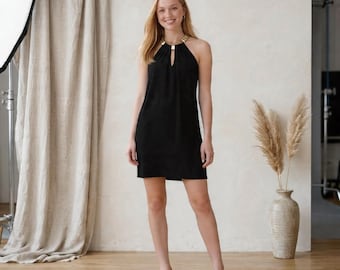 Gold-Bar Halter Mini Dress | Keyhole Neck Shift Dress | Sleeveless Short Evening Dress