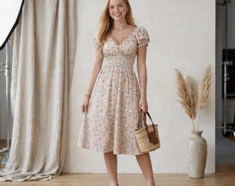 Ditsy Floral Midi Dress | Sweetheart Neck Smocked Waist & Puff Sleeves | Soft Cottagecore A-Line