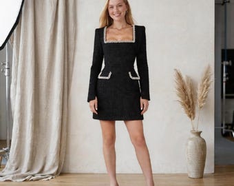 Tweed Mini Dress with Crystal Trim | Square Neck Long Sleeve | Party & Event Dress | Black Red