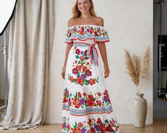 Floral Off-Shoulder Maxi Dress with Ruffle & Tie Waist — Boho Folk Print Summer Dress for Women