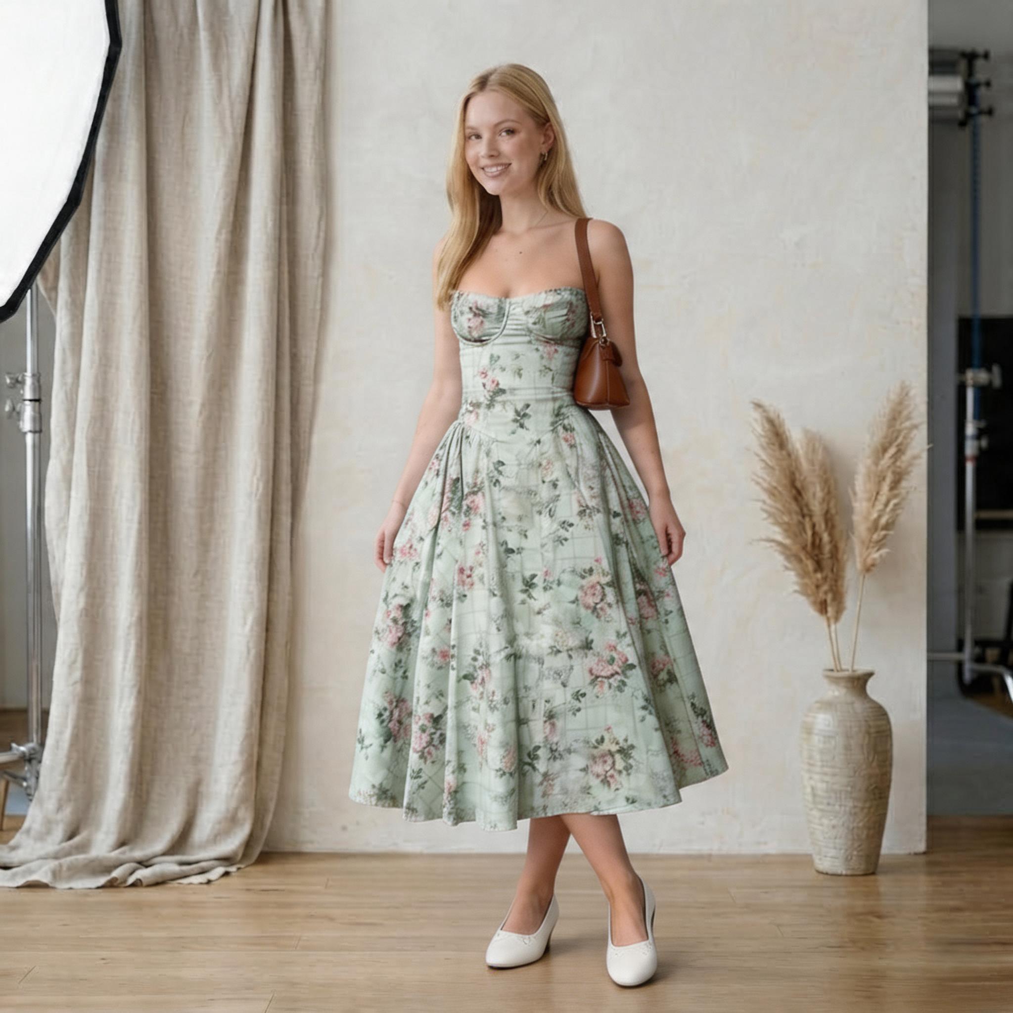 Sage Green Floral Corset Midi Dress | Sweetheart Bustier Bodice | Cottagecore Rose Print A-line