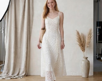 Floral Lace Midi Dress | V-Neck Spaghetti Strap A-Line Dress | Scalloped Sheer Hem Bridal Style
