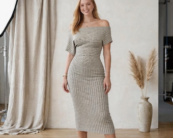 Ribbed Knit Off-Shoulder Midi Dress with Flutter Sleeve & Ruched Waist — Fitted Bodycon for Women