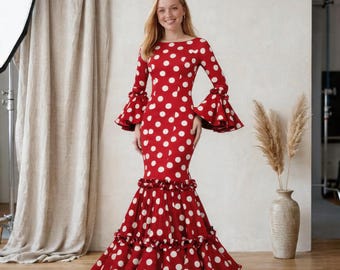 Flamenco Maxi Dress | Polka Dot Mermaid Gown with Bell Sleeves & Tiered Ruffle Hem | Red or Black