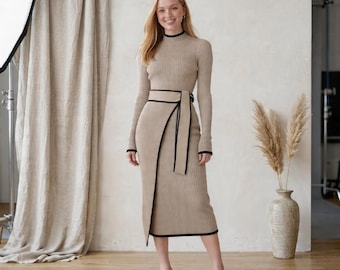 Ribbed Mock Neck Midi Dress | Contrast Trim & Tie Waist | Long Sleeve Fitted Dress for Work Events