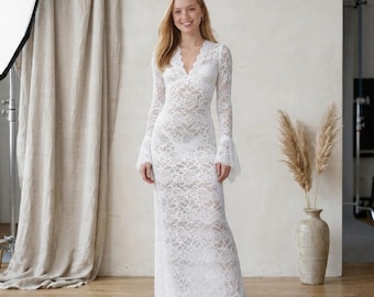 Lace Bell Sleeve Dress | Scalloped V-Neck | Fitted Sheer Floral Lace | Boho Bridal & Evening Gown