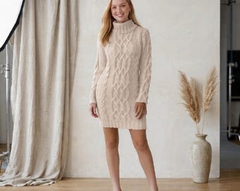Cable Knit Turtleneck Sweater Dress | Long Sleeve Bodycon Mini for Women | Cozy Fall Winter Style