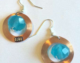 Blue Bead with  Up-cycle Timing Chip Earrings Running Gifts