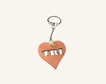 TRI Heart Keychain | Engraved Wood